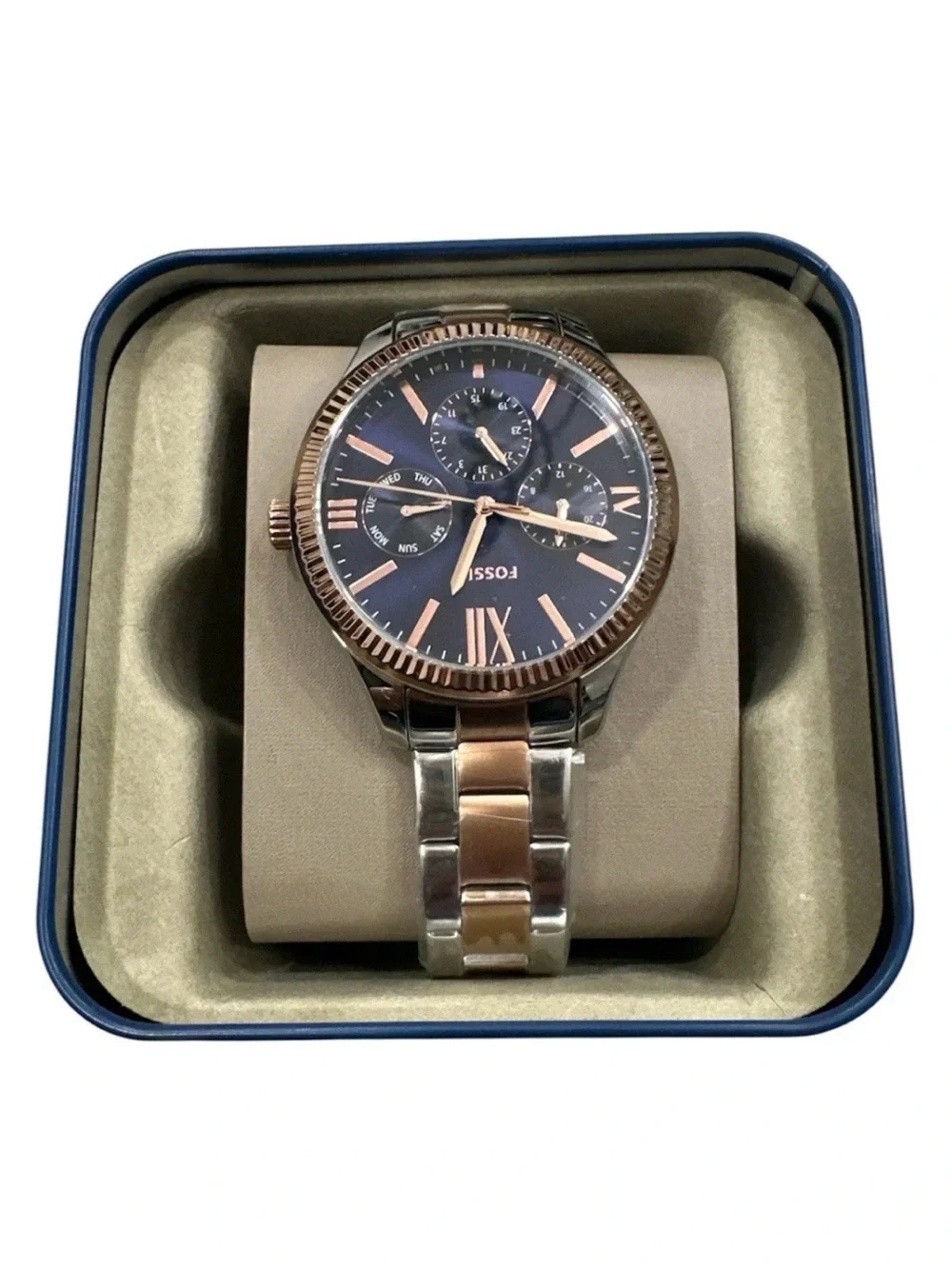 Fossil BQ7097 Men's Multifunction Watch Navy Dial  Gold Two-Tone Steel NEW